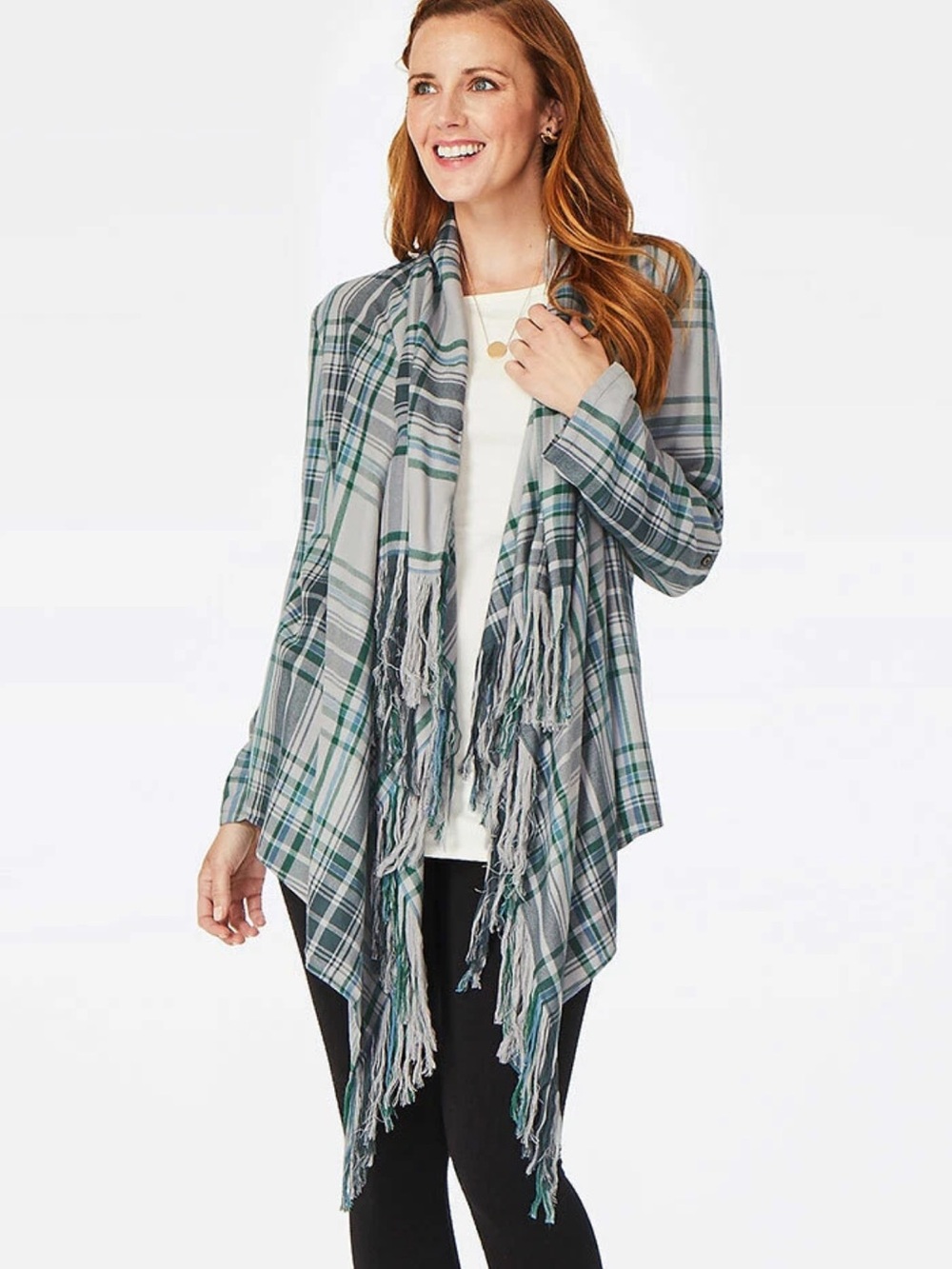 NWT Matilda Jane Gray & Green Plaid Fringe Draped Cardigan